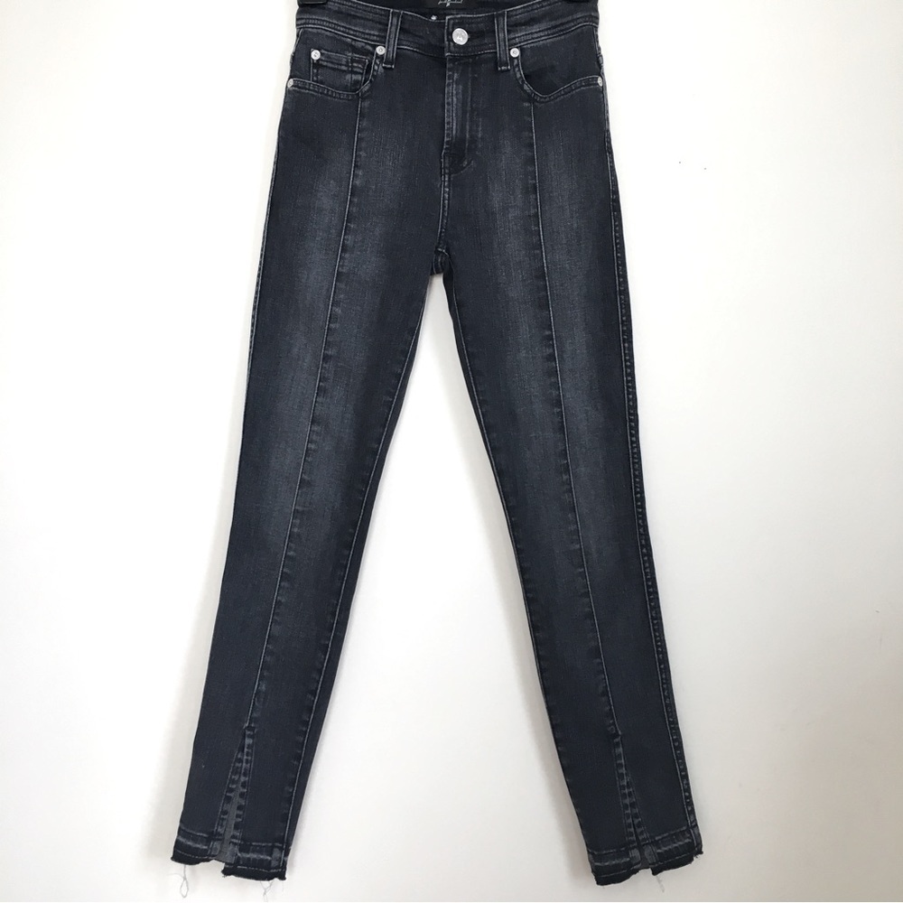 7 For All Mankind The Abby Black High Rise Front Seam Split Raw Hem Skinny Jeans